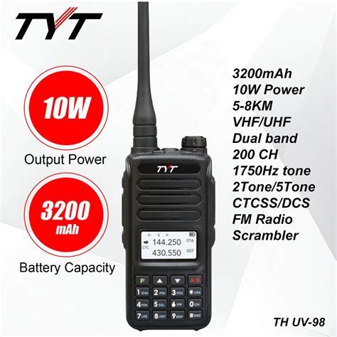 TYT UV98 Dual Band 10 Watts Handheld Two Way Radio 3200mah Battery and ...