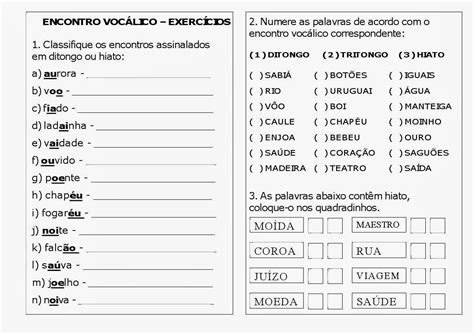Atividades Ditongo Tritongo E Hiato 7 Ano Com Gabarito