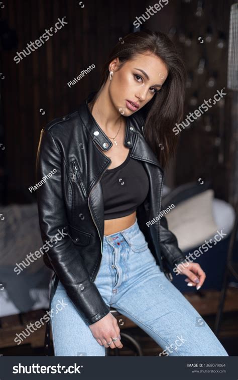 Sexy Beautiful Brunette Leather Jacket Jeans Stock Photo 1368079064 Shutterstock