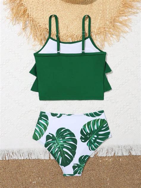 Tween Girl Tropical Print Ruffle Hem Bikini Set Summer Beach SHEIN UK