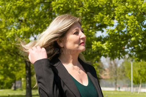 Happy Mature Blonde Woman Posing On The Park Stock Image Image Of Life Park