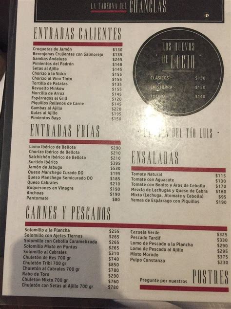 Carta del restaurante La Taberna del Chanclas Ciudad del México