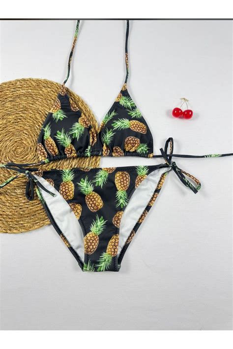 XORVİO Kadın Kız Meyve Desenli Ananas Detaylı Bikini Takımı Şık Esnek Pamuklu Yeni Sezon Genç