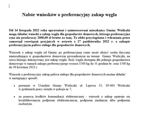 Nabór wniosków o preferencyjny zakup węgla UG Wieliczki