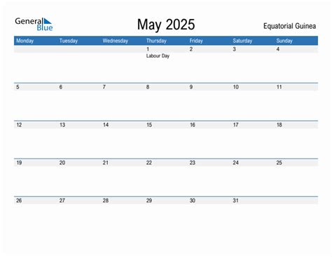 May 2025 - Equatorial Guinea Monthly Calendar with Holidays
