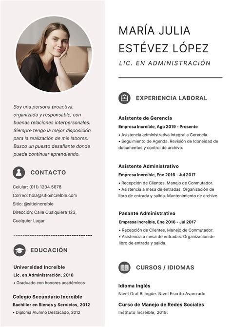 Curriculum Vitae Mujer Moderno Y Profesional Con Iconos Gris Y Blanco