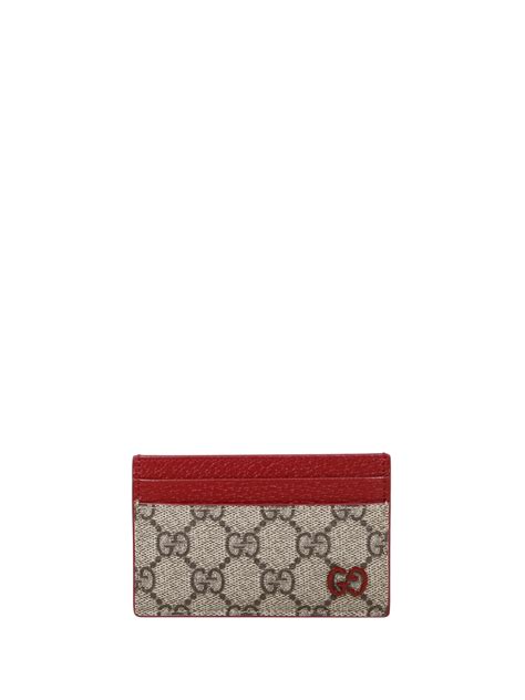 Men Gucci Nude Polyurethane Card Case With Red Gg Details