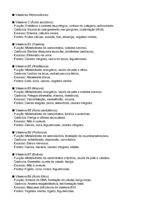 O Que São Vitaminas Hidrossolúveis - Vitaminas Hidrossolúveis: Funções, Carências e Fontes - Studocu