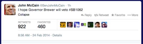 McCain Tweet Brewer Should Veto Religion Gay Rights Bill