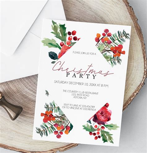 Elegant Christmas Invitation printable, Red berries and green pine ...