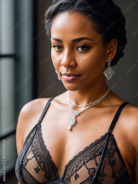 Portrait Of Beauty African American Submissive Mature Female Model Wearing In Black Lingerie