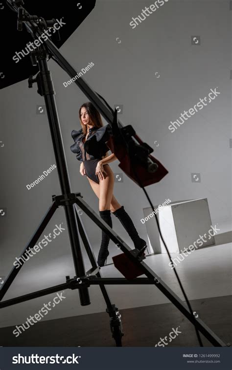 Beautiful Sexy Brunette Girl Black Bodysuit Stock Photo