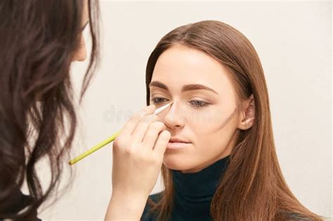 Makeup Professional Artist Apply Face Mascara Woman Beauty Model Nature Nude Look Stock Photo