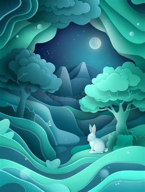 Enchanted Forest Nightscape With Moon And Rabbit Dreamy Digital