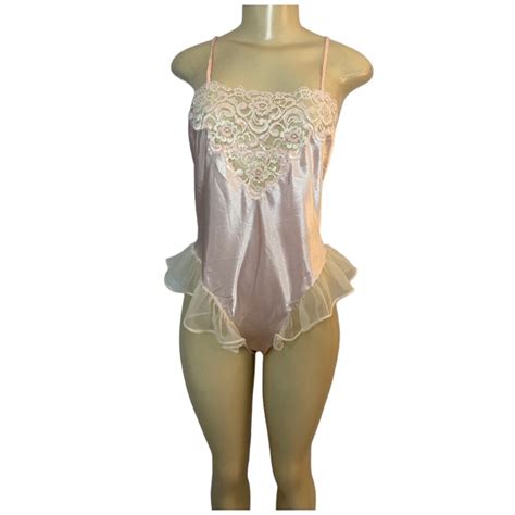 Vintage Romantic Moods Satin Lingerie Teddy Bodysuit Pink Lace Etsy