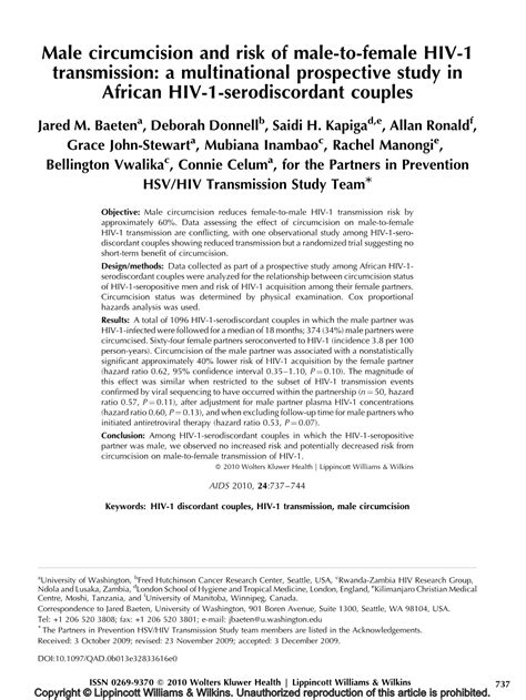 Male Circumcision And Risk Of Male To Female Hiv 1 Transmission A