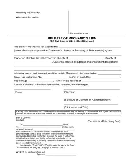 Construction Lien Release Template