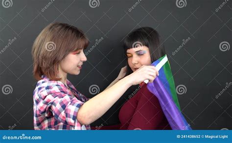 Lesbian Couple Happy Girl Homosexual Having Fun With Flag Symbolic Expression LGBTQ Flag Stock