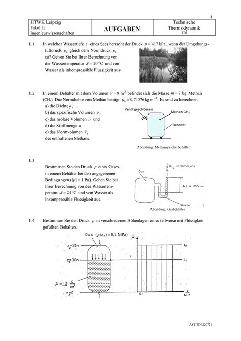 Aufgabenblatt Übungsaufgaben für technische Thermodynamik I HTWK