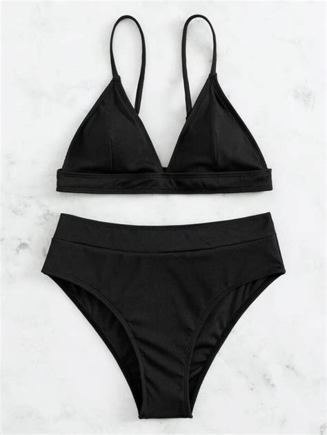 SHEIN Swim Basics Rib Triangle High Waisted Bikini Swimsuit SHEIN UK