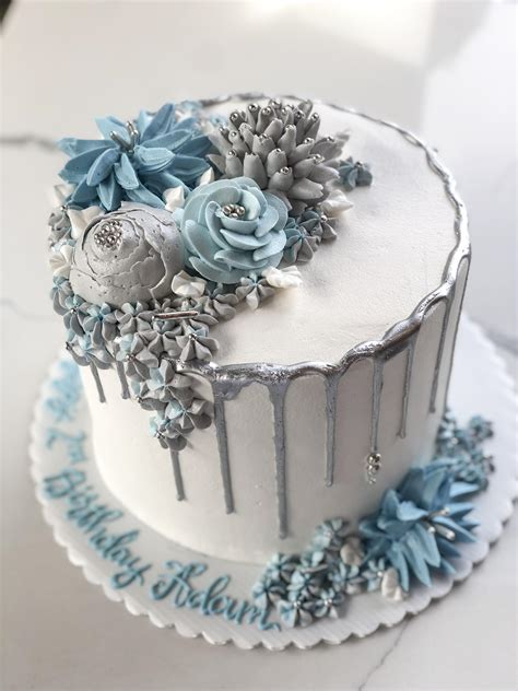 Blue And Silver Wedding Cakes With Flowers