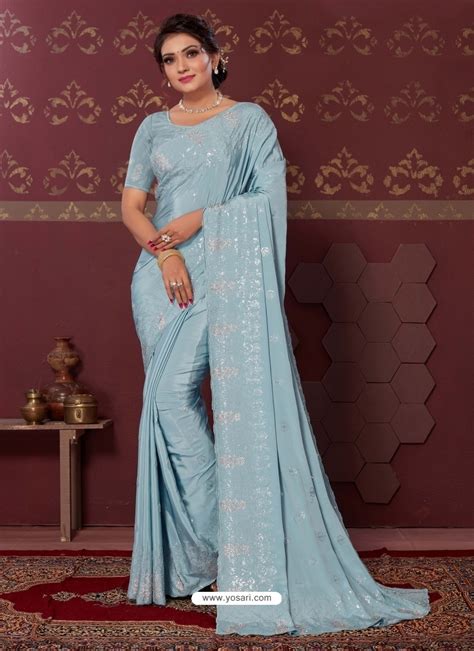 Buy Sky Blue Party Wear Heavy Designer Art Silk Saree Designer Sarees