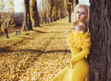 Portrait Of A Blonde Wearing A Flowery Golden Gown Stock Image Image Of Plant Gown 132883503