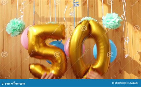 Happy Fiftieth Birthday With Golden Number Fifty 50 Air Balloons Stock