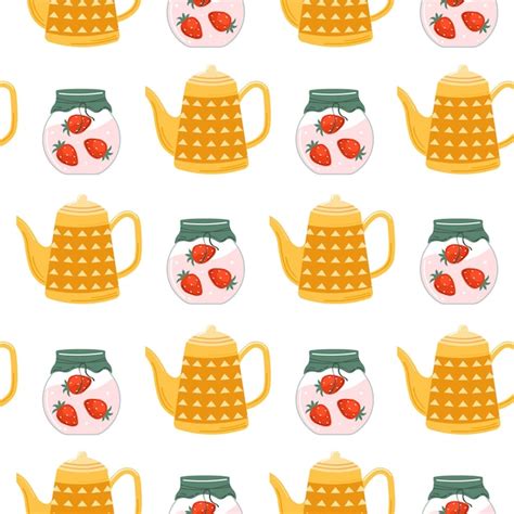 Premium Vector Tea Time Cute Set Strawberry Jam Teapot Hot Drinks Home Comfort Cozy Collection