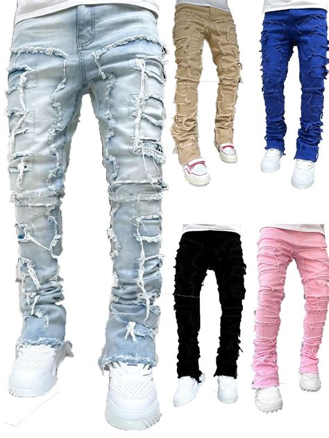 Men S Regular Fit Stacked Jeans Ripped Slim Fit Patch Distressed