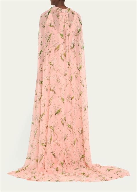 Carolina Herrera Plunging Floral Print Ruffle Cape Gown Bergdorf Goodman