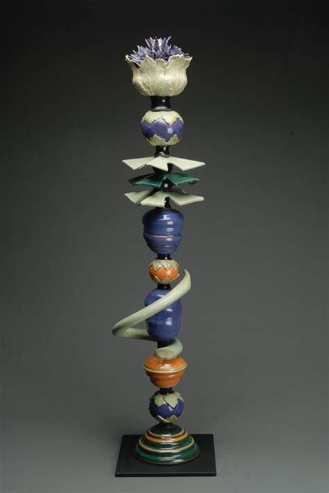 Purple Flower Totem Totem Pole Ceramic Sculpture Pottery Sculpture