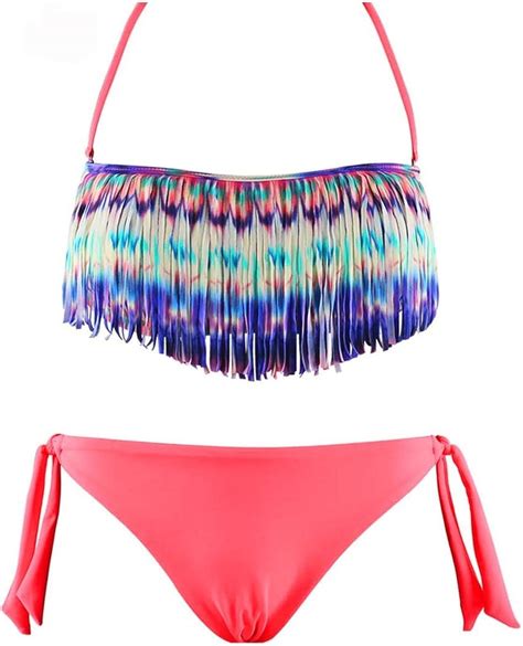 Maillot De Bain Femme Bikini Pi Ces Fluo Bandeau Franges Amazon Fr Mode