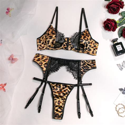 Leopard Skin Temptation Lace Underwear See Through Lingerie With Garter Bikini Outfit Sexy