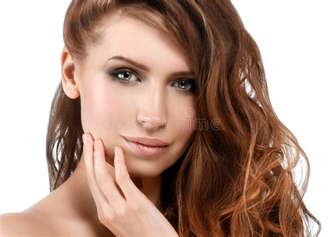 Beautiful Woman Brunette Red Lips Long Hair Healthy Beauty Skin Stock Image Image Of Female