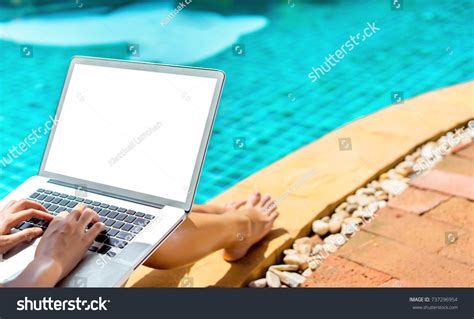 Woman Bikini Using Laptop Computer Blank Stock Photo Edit Now