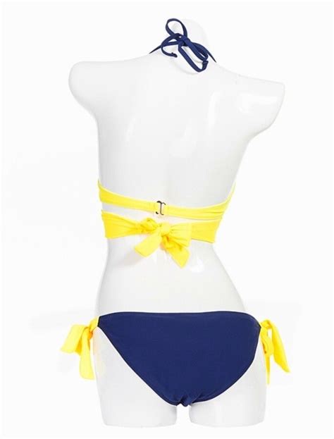 Damen Bikini Set Neon Gelb Blau Teilig Push Up Schlaufe Schleife