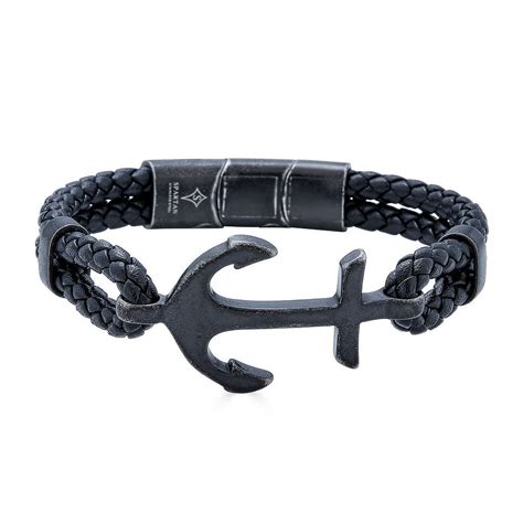 Spartan Black Leather Stainless Steel Anchor Men S Bracelet Walmart