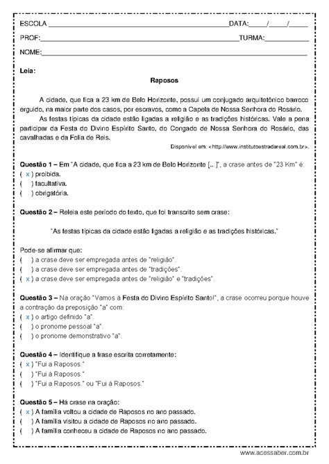 Www Acessaber Com Br Respostas - Atividade de portugues Crase 9º ano Respostas - acessaber.com ESCOLA ...