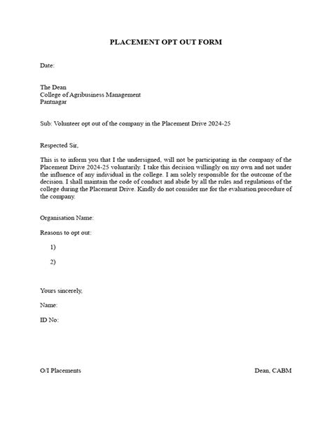 Placement Opt Out Form Pdf