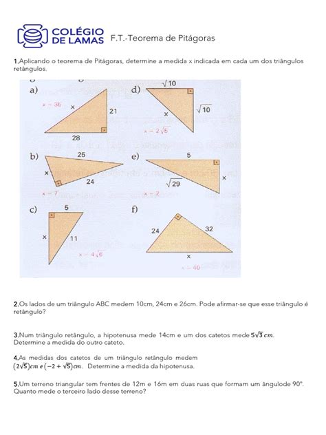 Teorema De Pitágoras Aplicações - Aplicações do Teorema de Pitágoras | PDF | Triângulo | Formas geométricas