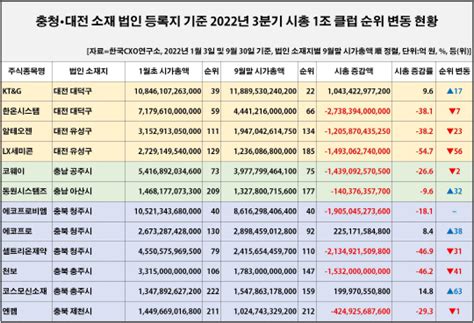 시가총액 1조클럽 대전·충청권 기업 규모 25 감소