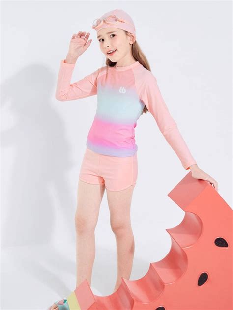 Tween Girl Ombre High Neck Bikini Swimsuit With Swim Cap SHEIN USA