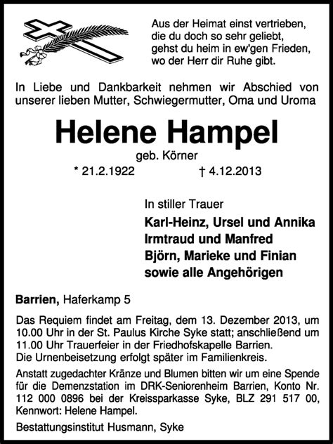 Traueranzeigen Von Helene Hampel Trauer Kreiszeitung De