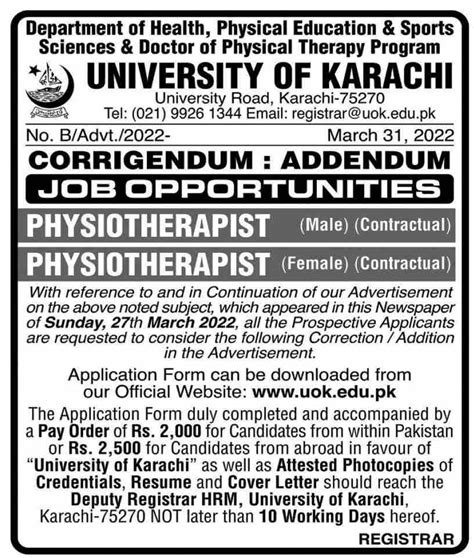 University Of Karachi Uok Physiotherapist Jobs 2022 2024 Job Advertisement Pakistan