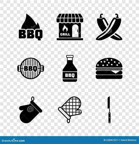 Set Barbecue Fire Flame Shopping Building Crossed Hot Chili Pepper Pod Oven Glove Knife