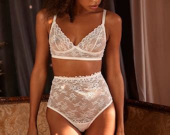 White Lace Bralette Lingerie Set Etsy