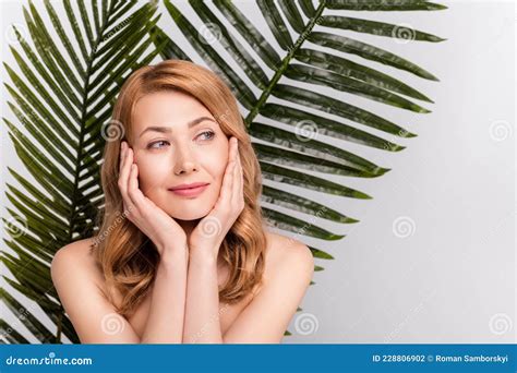Portrait Of Attractive Nude Woman With Leaves Thinking Product Copy