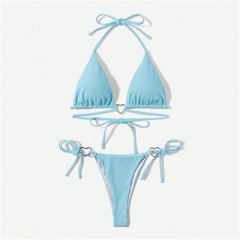 Sexy Light Blue Swimwear Triangle Halter String Micro Bikini Thong Swimsuit Women 2024 Heart
