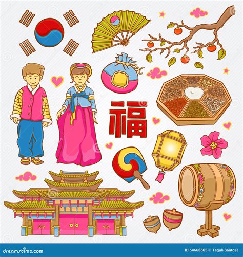 Корейские значки природы и культуры Doodle установленная иллюстрация ...